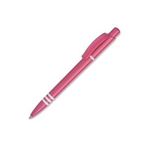 De Tropic Colour balpen in hardcolour heeft een groot drukoppervlak op zowel de clip als de barrel. Met een gekleurde barrel, drukker en een gekleurde clip. De barrel bevat drie wit gekleurde ringen. Inclusief een drukmechaniek en een blauw schrijvende Jumbo vulling. De pen is gemaakt van ABS kunststof, geproduceerd in Europa. Kleur combinaties voor deze pen zijn mogelijk vanaf 5.000 stuks.