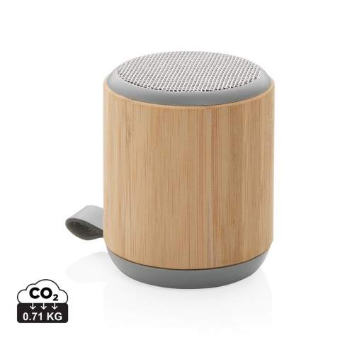 Bamboo 3W speaker with built-in 300 mAh lithium battery. With playing time of up to 3 hours on one single charge and operating distance of 10m using BT5.0. Made from natural bamboo and fabric.<br /><br />HasBluetooth: True<br />NumberOfSpeakers: 1<br />SpeakerOutputW: 3.00<br />PVC free: true
