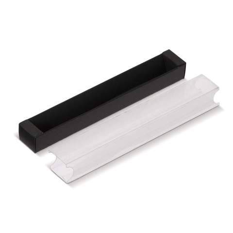 Boite cadeau noire pour un stylo avec ouverture transparente.