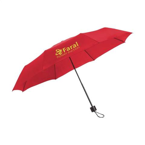 Compacte, opvouwbare paraplu met 190T polyester bespanning. Metalen frame en steel, kunststof hangreep met lus, klittenbandsluiting en opberghoes. Manuele bediening. Afm. dichtgevouwen: Ø 5,5 x 24 cm.