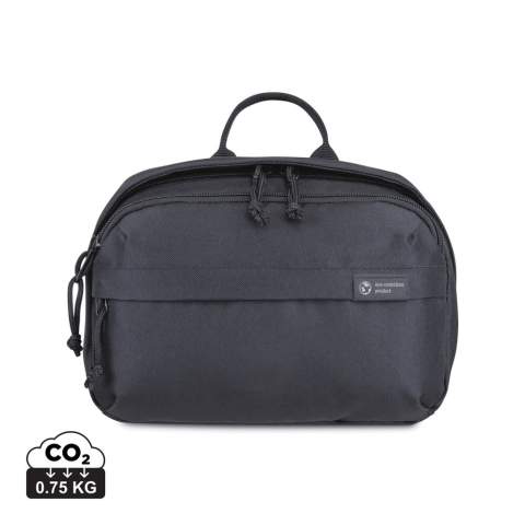 A modern and sustainable update to your go-to toiletry bag using recycled fabric and webbing made from plastic bottles. Front zippered pockets for storing travel essentials. Large zippered main compartment with interior pockets to keep your toiletries organised. Top grab handle. Includes AWARE™ Virtual ID & Product passport, which delivers an indisputable way to track and validate textile composition impact from origin to consumer. To access, scan the QR code located inside the product or visit wearaware.co to learn more. Available across both sides of the Atlantic. This item is also offered by Gemline for customers in the US and Canada.<br /><br />PVC free: true