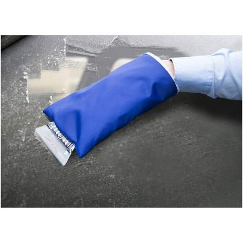 Ice scraper with a protective polyester glove with extra inside padding.