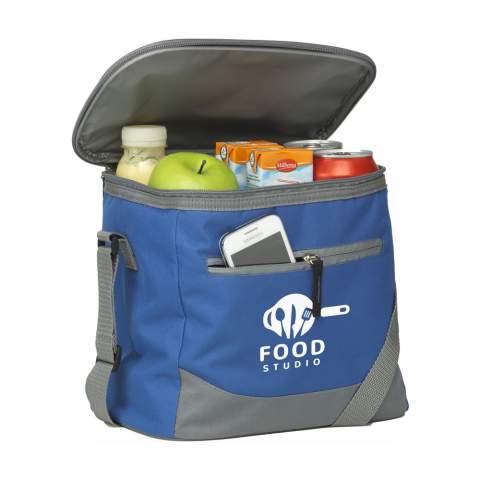 Kühltasche im praktischen Format. Aus 600D Polyester. Mit großem Kühlfach,Fronttasche mit Reissverschluss, Griff und anpassbarem Schultergurt. Passend für 12 Getränkedosen.