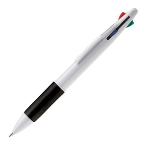 Weißer, Hardcolour Kunststoffkugelschreiber mit farbiger Gummimanschette. 4 Schreibfarben: Blau, rot, schwarz und grün. 