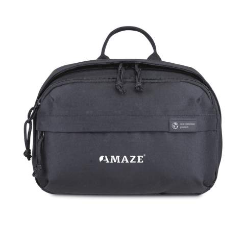 A modern and sustainable update to your go-to toiletry bag using recycled fabric and webbing made from plastic bottles. Front zippered pockets for storing travel essentials. Large zippered main compartment with interior pockets to keep your toiletries organised. Top grab handle. Includes AWARE™ Virtual ID & Product passport, which delivers an indisputable way to track and validate textile composition impact from origin to consumer. To access, scan the QR code located inside the product or visit wearaware.co to learn more. Available across both sides of the Atlantic. This item is also offered by Gemline for customers in the US and Canada.<br /><br />PVC free: true