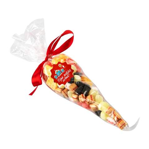 Transparent cone bag filled with approx. 250 grams of Classic Nostalgic sweets and full color sticker on one side