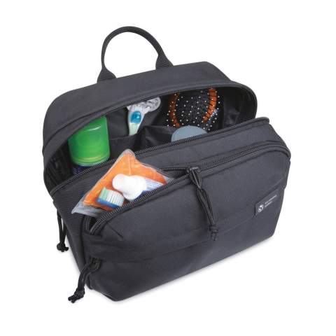 A modern and sustainable update to your go-to toiletry bag using recycled fabric and webbing made from plastic bottles. Front zippered pockets for storing travel essentials. Large zippered main compartment with interior pockets to keep your toiletries organised. Top grab handle. Includes AWARE™ Virtual ID & Product passport, which delivers an indisputable way to track and validate textile composition impact from origin to consumer. To access, scan the QR code located inside the product or visit wearaware.co to learn more. Available across both sides of the Atlantic. This item is also offered by Gemline for customers in the US and Canada.<br /><br />PVC free: true