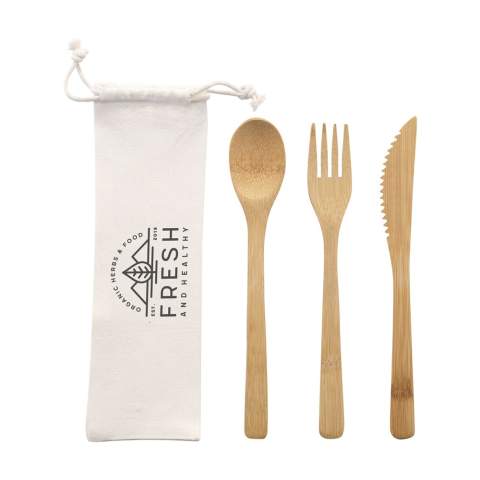 Cutlery set made from natural bamboo. This set consists of a spoon, fork and serrated knife. Each set is supplied in an individual canvas pouch.