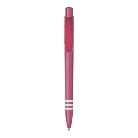 De Tropic Colour balpen in hardcolour heeft een groot drukoppervlak op zowel de clip als de barrel. Met een gekleurde barrel, drukker en een gekleurde clip. De barrel bevat drie wit gekleurde ringen. Inclusief een drukmechaniek en een blauw schrijvende Jumbo vulling. De pen is gemaakt van ABS kunststof, geproduceerd in Europa. Kleur combinaties voor deze pen zijn mogelijk vanaf 5.000 stuks.