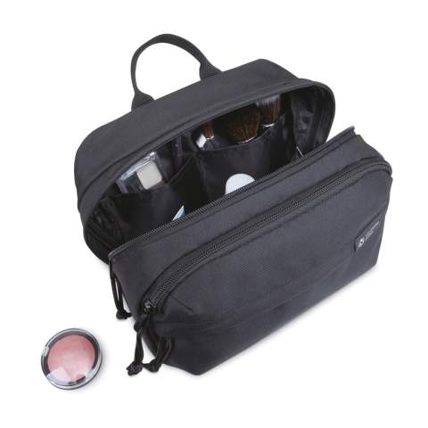 A modern and sustainable update to your go-to toiletry bag using recycled fabric and webbing made from plastic bottles. Front zippered pockets for storing travel essentials. Large zippered main compartment with interior pockets to keep your toiletries organised. Top grab handle. Includes AWARE™ Virtual ID & Product passport, which delivers an indisputable way to track and validate textile composition impact from origin to consumer. To access, scan the QR code located inside the product or visit wearaware.co to learn more. Available across both sides of the Atlantic. This item is also offered by Gemline for customers in the US and Canada.<br /><br />PVC free: true