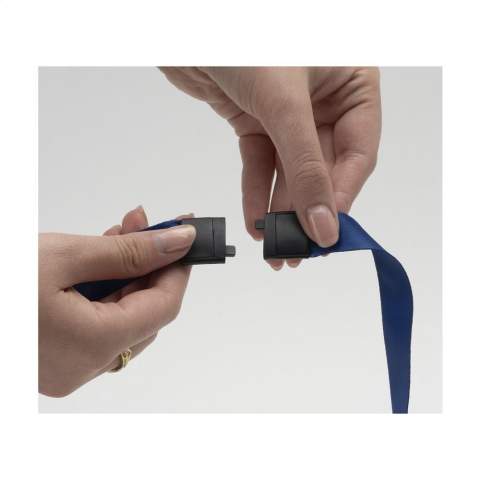 Lanyard of strong woven RPET polyester. With metal carabiner and plastic safety lock. The lower part can be disconnected by means of a plastic buckle. Including full-colour sublimation print. Made in Europe.
