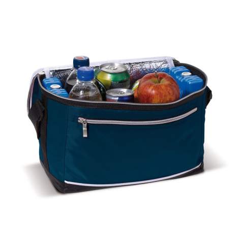 Polyester cool bag with adjustable handle (1200x30mm). One big cooler compartment and a small pocket on the front. Both with zipper closure.