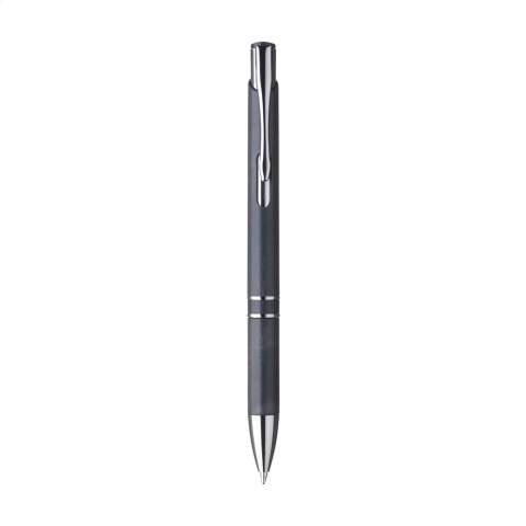 Eco-friendly, blue ink ballpoint pen with a barrel made of 50% ABS and 50% wheat straw, metal clip and plastic chrome accents.