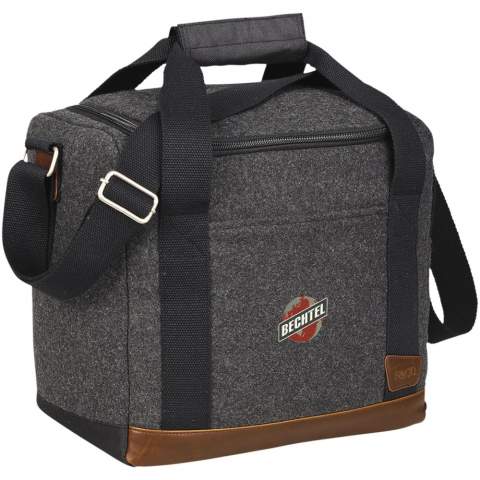 Part of the Field & Co.® Campster Series. Inspiration was drawn from retro camping and old school scout looks combined with modern needs. This stylish cooler bag combines wool/poly material and vinyl accents with the function of an insulated cooler with bottle divider. Die cut inserts slip together and create individual compartments for twelve individual 350ml bottles. When not in use they collapse and can be stored in the base of the bag. Includes a Field & Co.® branded bottle opener.