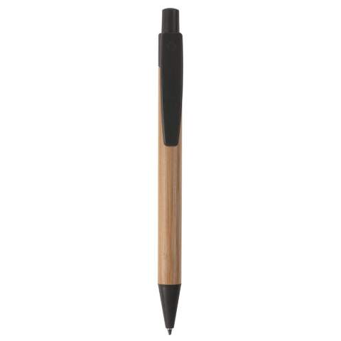 Bamboo material ball pen with clip, pusher and tip make of wheatstraw. With plastic blue writing X20 refill.