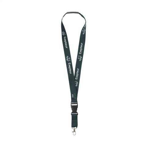 Lanyard of strong woven RPET polyester. With metal carabiner and plastic safety lock. The lower part can be disconnected by means of a plastic buckle. Including full-colour sublimation print. Made in Europe.