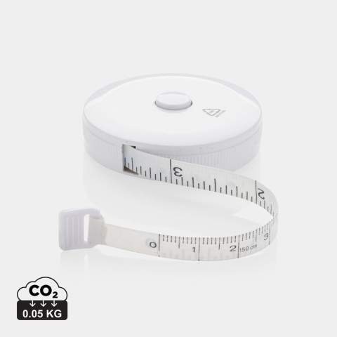 1.5m/60inch recycled plastic tape with return push button, for fitness and fashion. The case is made out of RCS certified recycled ABS plastic and fibreglass. Total recycled content: 64% based on total item weight. RCS certification ensures a completely certified supply chain of the recycled materials.  The tape is 8mm wide and retractable by button. Packed in FSC® mix packaging.<br /><br />TapeLengthMeters: 1.50
