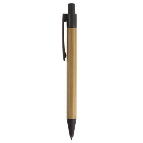 Bamboo material ball pen with clip, pusher and tip make of wheatstraw. With plastic blue writing X20 refill.