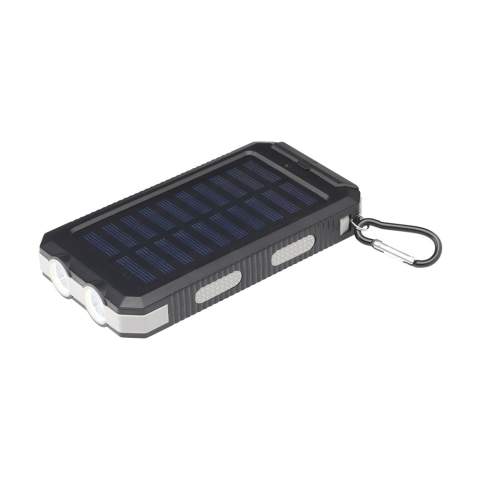 Stoere outdoor solar 8.000 mAh powerbank met een behuizing van gerecycled ABS met beschermende siliconen stootranden op de hoeken. Voorzien van een solar panel, geïntegreerd kompas, LED indicatielampjes, LED zaklamp en karabijnhaak. Spatwaterdicht en stofbestendig. Geschikt voor het opladen van de meest gangbare smartphones en andere devices. Input: Type-C DC5V/2.1A. Output: Type-C DC5V/2.1A. 1 x USB-A poort en 2 x USB-C poort. Input solar: 200 mAh. Oplaadtijd op zonneenergie ca. 40 uur. Zowel via het stroomnet als via het zonnepaneel op te laden. De ideale, veelzijdige oplader voor buitenactiviteiten. Inclusief USB-C/USB-C oplaadkabel en gebruiksaanwijzing. RCS-gecertificeerd. Totaal gerecycled materiaal 17%. Per stuk in doosje.