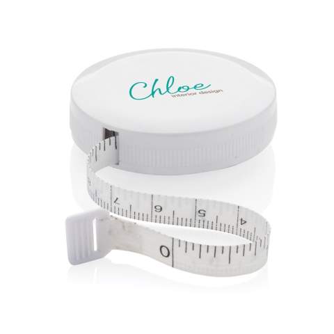 1.5m/60inch recycled plastic tape with return push button, for fitness and fashion. The case is made out of RCS certified recycled ABS plastic and fibreglass. Total recycled content: 64% based on total item weight. RCS certification ensures a completely certified supply chain of the recycled materials.  The tape is 8mm wide and retractable by button. Packed in FSC® mix packaging.<br /><br />TapeLengthMeters: 1.50