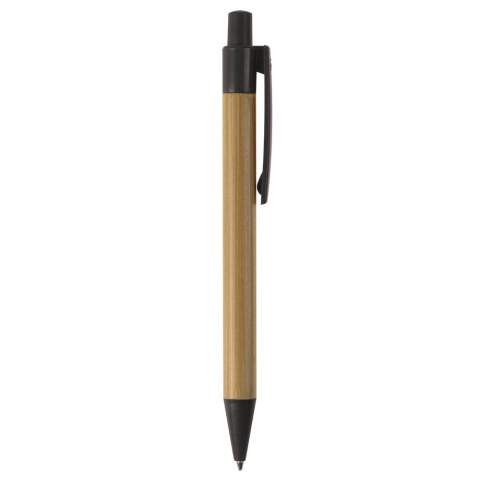 Bamboo material ball pen with clip, pusher and tip make of wheatstraw. With plastic blue writing X20 refill.