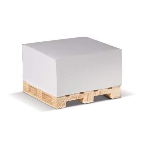 Cube pad with white paper on wooden Pallet. Ideal for use at home or at the office. Printing is possible on each individual sheet. Circa 420 wood-free sheets of 90g/m². Each cube comes shrink wrapped.