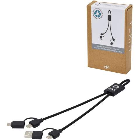 The 45W Connect fast charging and data transfer cable with an elegant recycled aluminium housing and RPET braiding offers multiple charging solutions: Type-C and USB-A input, and Type-C/iOS/Micro USB output. Thanks to all these connectors this cable allows you to charge most smartphones, cameras, power banks, earbuds, and even Type-C notebooks (up to 45W). Compatible with Apple CarPlay and Android Auto. The cable length is 25 cm. Supplied in a 100% recycled kraft paper box with a colourful sticker.