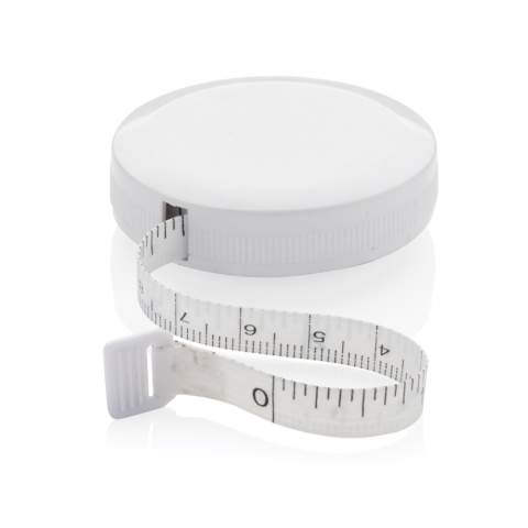 1.5m/60inch recycled plastic tape with return push button, for fitness and fashion. The case is made out of RCS certified recycled ABS plastic and fibreglass. Total recycled content: 64% based on total item weight. RCS certification ensures a completely certified supply chain of the recycled materials.  The tape is 8mm wide and retractable by button. Packed in FSC® mix packaging.<br /><br />TapeLengthMeters: 1.50