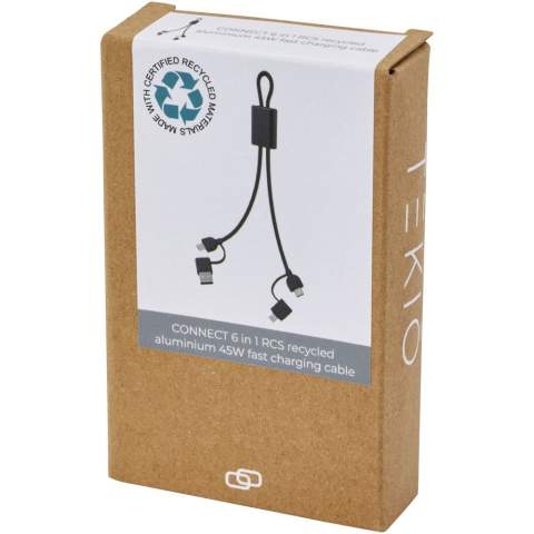 The 45W Connect fast charging and data transfer cable with an elegant recycled aluminium housing and RPET braiding offers multiple charging solutions: Type-C and USB-A input, and Type-C/iOS/Micro USB output. Thanks to all these connectors this cable allows you to charge most smartphones, cameras, power banks, earbuds, and even Type-C notebooks (up to 45W). Compatible with Apple CarPlay and Android Auto. The cable length is 25 cm. Supplied in a 100% recycled kraft paper box with a colourful sticker.