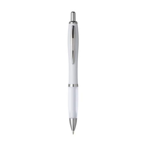Blue or blackink ballpoint pen with white barrel with coloured, non-slip grip and metal clip.