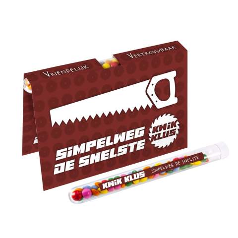 Full colour bedrukte kaart inclusief een full colour bedrukt reageerbuisje met ca. 13 gram mini choco's (artikel 1705)