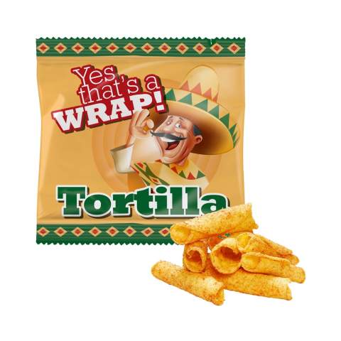 Mini bag containing approx. 10 grams of Tortilla rolls in white foil with all-over full color printing