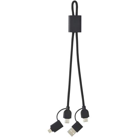 The 45W Connect fast charging and data transfer cable with an elegant recycled aluminium housing and RPET braiding offers multiple charging solutions: Type-C and USB-A input, and Type-C/iOS/Micro USB output. Thanks to all these connectors this cable allows you to charge most smartphones, cameras, power banks, earbuds, and even Type-C notebooks (up to 45W). Compatible with Apple CarPlay and Android Auto. The cable length is 25 cm. Supplied in a 100% recycled kraft paper box with a colourful sticker.