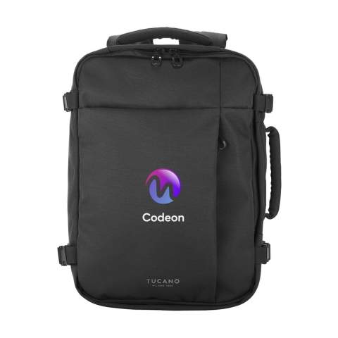 Cabin travel backpack from the Italian brand Tucano. This backpack meets the size requirements of all low-cost airlines. The backpack is made with fabric produced from recycled plastic, including 24 recycled PET bottles. The main compartment is large and spacious, ideal for clothing and accessories. The zip closure has lockable zip pulls, so you can secure the main compartment with any suitable padlock (not included). The backpack also has an internal AirTag holder. The padded, shock-resistant back pocket is suitable for carrying laptops up to 15.6 inches or MacBook Pro 16 inches. Fully lined. The adjustable, padded shoulder straps and padded back ensure extra comfort. With a handy trolley strap and extra zip pocket on the back, ideal for storing personal documents. Enjoy perfect portability with two handles, one on the top and one on the side. This backpack is specially designed for all low-cost airlines, making it the perfect travel companion for air travel. Capacity approx. 23 litres.