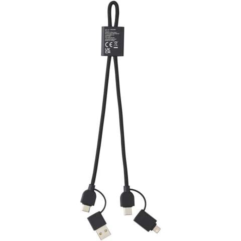 The 45W Connect fast charging and data transfer cable with an elegant recycled aluminium housing and RPET braiding offers multiple charging solutions: Type-C and USB-A input, and Type-C/iOS/Micro USB output. Thanks to all these connectors this cable allows you to charge most smartphones, cameras, power banks, earbuds, and even Type-C notebooks (up to 45W). Compatible with Apple CarPlay and Android Auto. The cable length is 25 cm. Supplied in a 100% recycled kraft paper box with a colourful sticker.