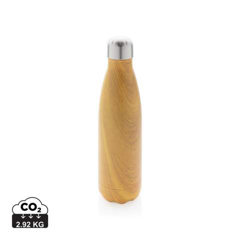 This sleek looking leakproof vacuum insulated stainless steel water bottle will keep you hydrated on the go wherever you are. The all over wood print on the body makes the bottle a real eye catcher. The bottle keeps chilled beverages cold for up to 15 hours and hot drinks warm for up to 5 hours. Capacity 500ml. BPA free.<br /><br />HoursHot: 5<br />HoursCold: 15