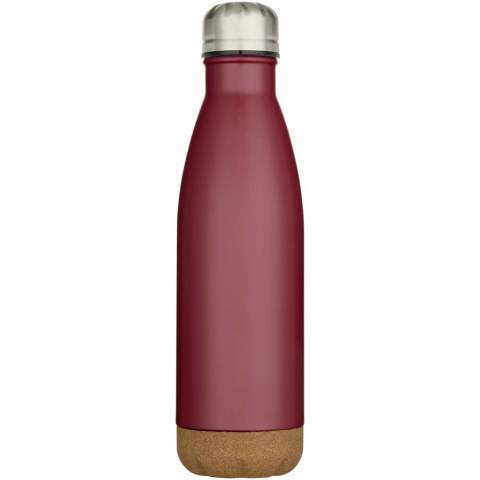Vakuumisolierte Wasserflasche aus rostfreiem Stahl mit Korkdetails am Boden. Die doppelwandige Isolierung hält Getränke mehrere Stunden lang heiß oder kalt. Verpackt in einer Geschenkbox aus Recyclingkarton. Fassungsvermögen: 500 ml.