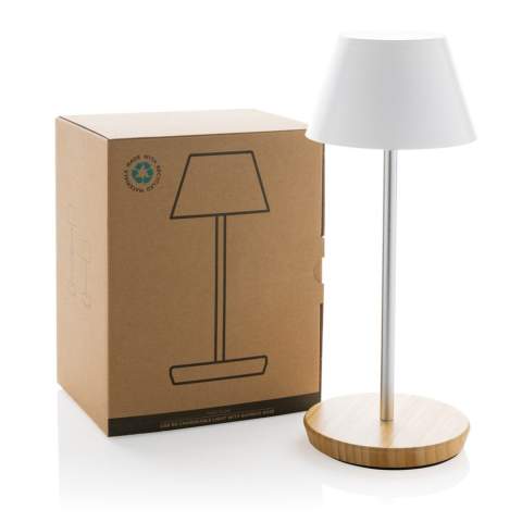 Luxury table lamp made with RCS certified recycled ABS plastic, recycled aluminum and FSC certified 100% bamboo . Total recycled content: 40% based on total item weight. RCS certification ensures a completely certified supply chain of the recycled materials. The table lamp will operate up 18 hours on one single charge and can be re-charged in 2 hours. With a-grade 1800 mAh battery and type C input ( 5V/1A) With two modes (warm light and white light) that can be adjusted by touch sensor in the base. Rechargeable via USB-C. Packed in FSC® mix packaging. IPX 4 waterproof.<br /><br />Lightsource: LED<br />LightsourceQty: 24<br />PVC free: true