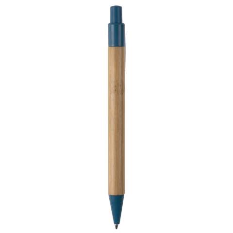 Bamboo material ball pen with clip, pusher and tip make of wheatstraw. With plastic blue writing X20 refill.