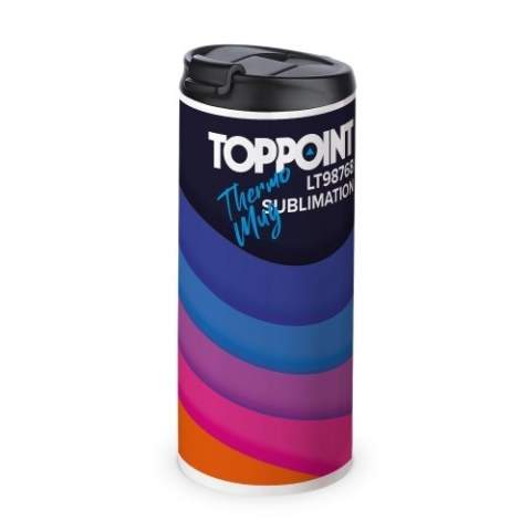 Double walled 100% leak-proof vacuum insulated mug. Big imprint space all-around, designed for sublimation print. Ideal size to grab a coffee on the go. Designed by Toppoint.