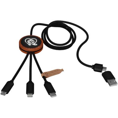 5-in-1 recycled PET light-up logo charging cable with round bamboo casing. The light-up logo is visible on both sides. Features 3 connectors (type C, micro USB, iPhone) and a dual USB connector for universal use. Delivered in a TPU pouch with a kraft paper card. Cable length: 1 metre. Includes 3 year warranty.