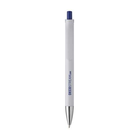 Blue ink ballpoint pen with stylish design: the body and clip of this pen are integrated. Striking colour accent below the clip. This accent colour matches the colour of the push button.