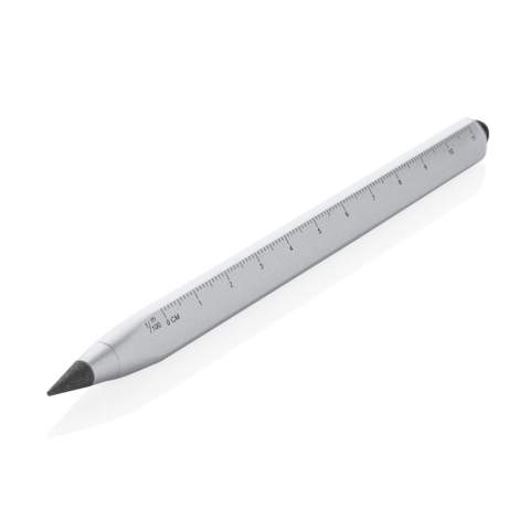 Modern infinity pen made with RCS certified recycled aluminum. Total recycled content: 40% based on total item weight. RCS certification ensures a completely certified supply chain of the recycled materials. Triangle shaped body with CM indication on one side and Inches on another side. Traditional wooden pencils write only up to around 200 metres but this Tree free infinity pencil, has a writing length of up to around 20000 metres using a graphite tip to produce a graphite line. Not only does it write like a pencil, but the markings can be erased. It works by leaving a graphite line on paper just like a regular traditional wooden pencil but it wears down so slowly, that it should outlast up to 100 traditional wooden pencils! With touch tip to operate mobile device. Packed in FSC® mix packaging.