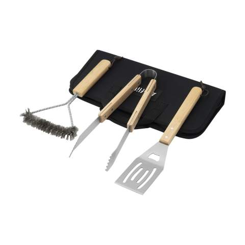 3-piece barbecue set consisting of one spatula and one set of BBQ tongs as well as one stainless-steel brush for cleaning the barbecue after use. All three accessories have rubberwood handles. This handy set is supplied in a 600D nylon pouch.