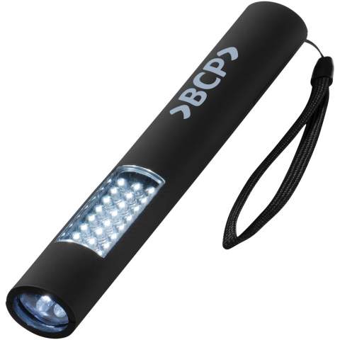 Lutz 28-LED magnetic torch light. Slim and magnetic torch which has three modes. The first mode is a 4 LED flashlight, the second mode is the 24 LED light, and the third mode is both on at once. Magnetic back for easy storage or for placement against metal surfaces when in use. Push button on/off. Nylon carrying strap. Packed in a STAC gift box. Batteries included and inserted. Exclusive design. ABS Plastic. 