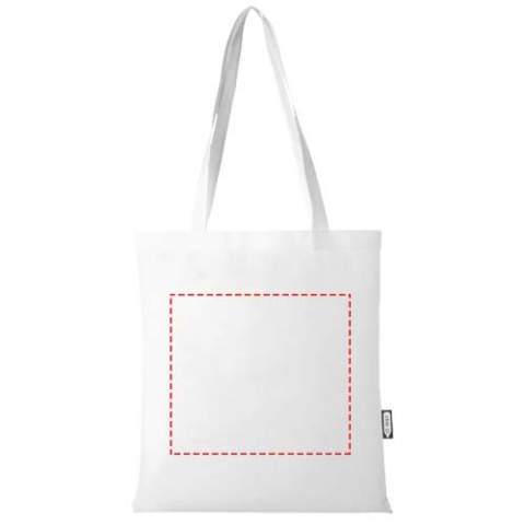 Made from durable and tear resistant RPET, the Zeus GRS recycled large tote bag is a perfect and more responsible option for fairs or conferences. Its slim design makes it an elegant model and suitable for carrying lightweight items like a notebook and a pen. The handles are 29 cm long and therefore the tote bag is easy to carry over the shoulder. Resistance up to 5 kg weight.