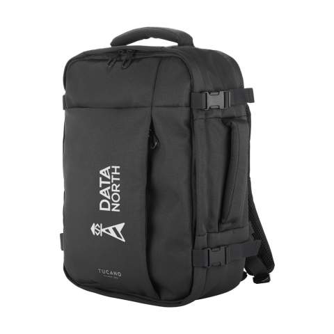 Cabin travel backpack from the Italian brand Tucano. This backpack meets the size requirements of all low-cost airlines. The backpack is made with fabric produced from recycled plastic, including 24 recycled PET bottles. The main compartment is large and spacious, ideal for clothing and accessories. The zip closure has lockable zip pulls, so you can secure the main compartment with any suitable padlock (not included). The backpack also has an internal AirTag holder. The padded, shock-resistant back pocket is suitable for carrying laptops up to 15.6 inches or MacBook Pro 16 inches. Fully lined. The adjustable, padded shoulder straps and padded back ensure extra comfort. With a handy trolley strap and extra zip pocket on the back, ideal for storing personal documents. Enjoy perfect portability with two handles, one on the top and one on the side. This backpack is specially designed for all low-cost airlines, making it the perfect travel companion for air travel. Capacity approx. 23 litres.