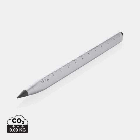Modern infinity pen made with RCS certified recycled aluminum. Total recycled content: 40% based on total item weight. RCS certification ensures a completely certified supply chain of the recycled materials. Triangle shaped body with CM indication on one side and Inches on another side. Traditional wooden pencils write only up to around 200 metres but this Tree free infinity pencil, has a writing length of up to around 20000 metres using a graphite tip to produce a graphite line. Not only does it write like a pencil, but the markings can be erased. It works by leaving a graphite line on paper just like a regular traditional wooden pencil but it wears down so slowly, that it should outlast up to 100 traditional wooden pencils! With touch tip to operate mobile device. Packed in FSC® mix packaging.