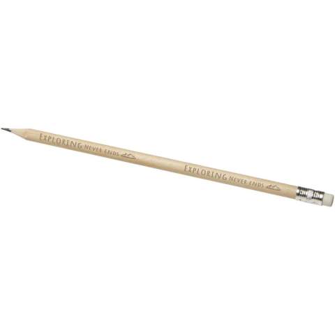 Crayon avec gomme. Le crayon est en bois de peuplier et en graphite, la gomme en plastique et la virole en aluminium.