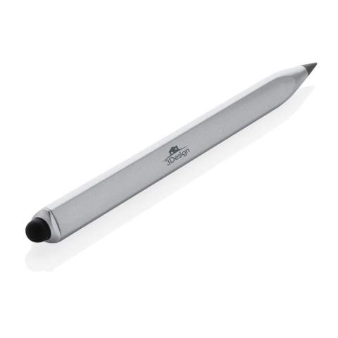 Modern infinity pen made with RCS certified recycled aluminum. Total recycled content: 40% based on total item weight. RCS certification ensures a completely certified supply chain of the recycled materials. Triangle shaped body with CM indication on one side and Inches on another side. Traditional wooden pencils write only up to around 200 metres but this Tree free infinity pencil, has a writing length of up to around 20000 metres using a graphite tip to produce a graphite line. Not only does it write like a pencil, but the markings can be erased. It works by leaving a graphite line on paper just like a regular traditional wooden pencil but it wears down so slowly, that it should outlast up to 100 traditional wooden pencils! With touch tip to operate mobile device. Packed in FSC® mix packaging.